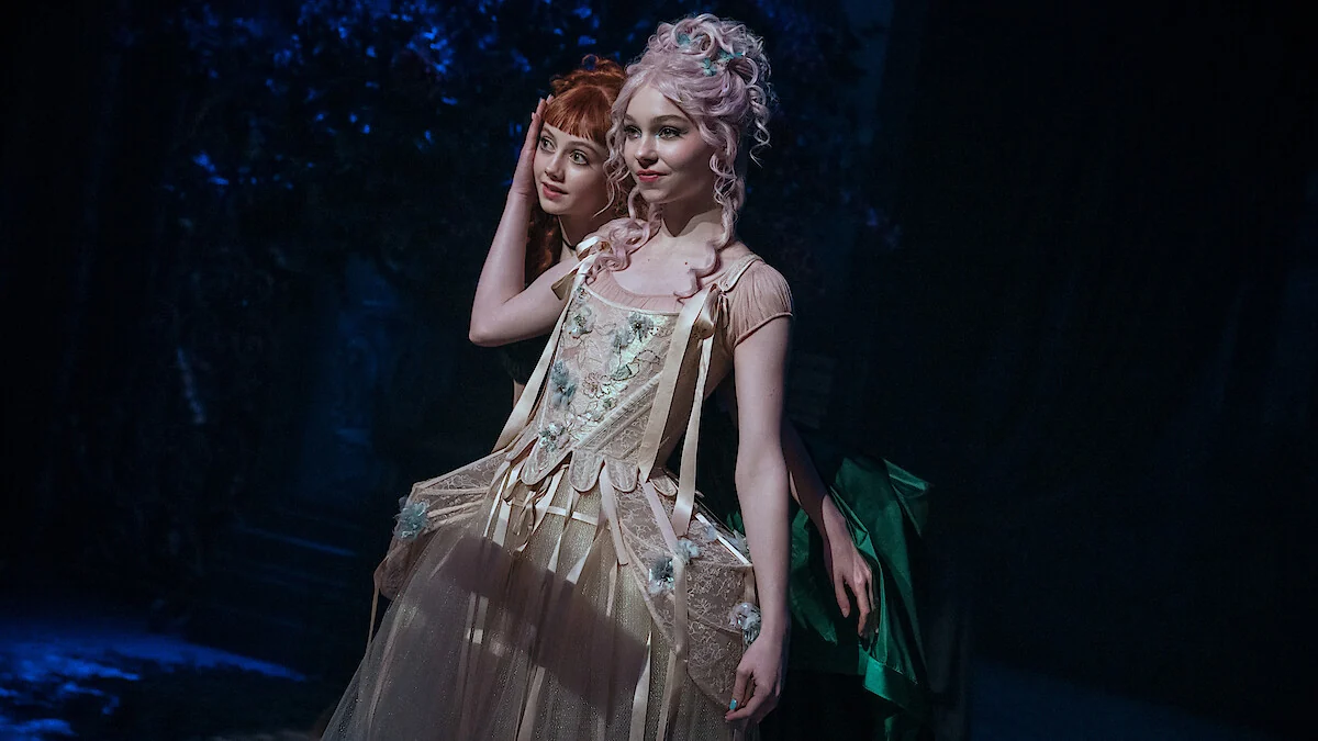 Evie Templeton as Agnes with Emma Myers as Enid in a Wednesday Season 2 still on Netflix